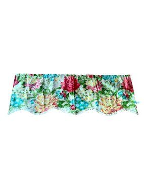 Floral Valance Curtain W/ Scalloped Edge Trim Multicolor Flowers On Linen Blend